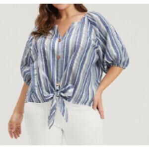 BLOOMCHIC 10 M L blue striped short sleeve Button Tie Front Blouse Top NWT b80